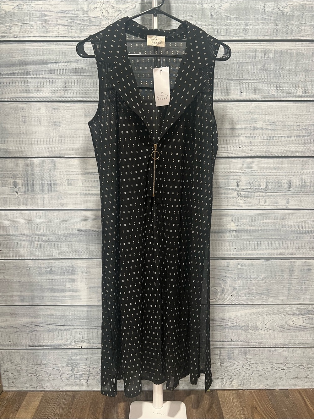 Ember Black Sleeveless Cardigan vest with White Micro Print and Zip Pull
